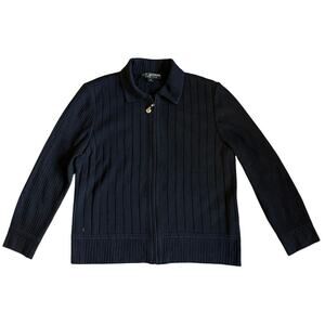 Women’s St. John Basics Black Knit Full Zip Up Jacket ribbed long sleeve Size 8